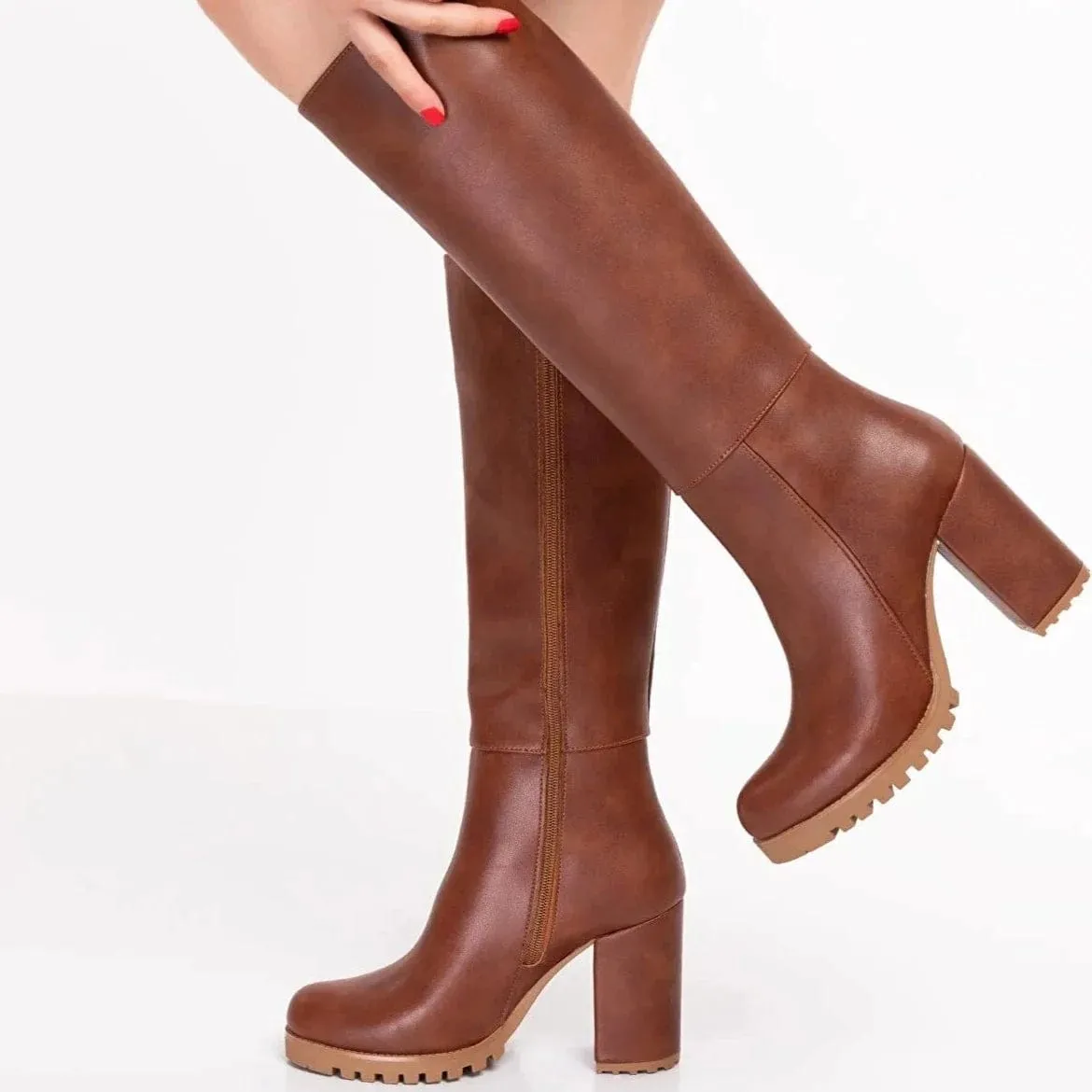 Alize Vegan Leather Wide Calf Platform Boots | Cognac