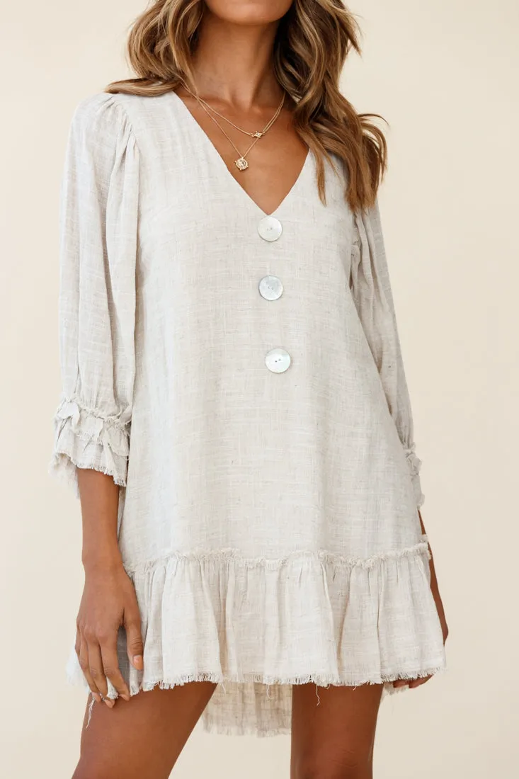 Amala Balloon Sleeve Button Detail Linen Dress Natural