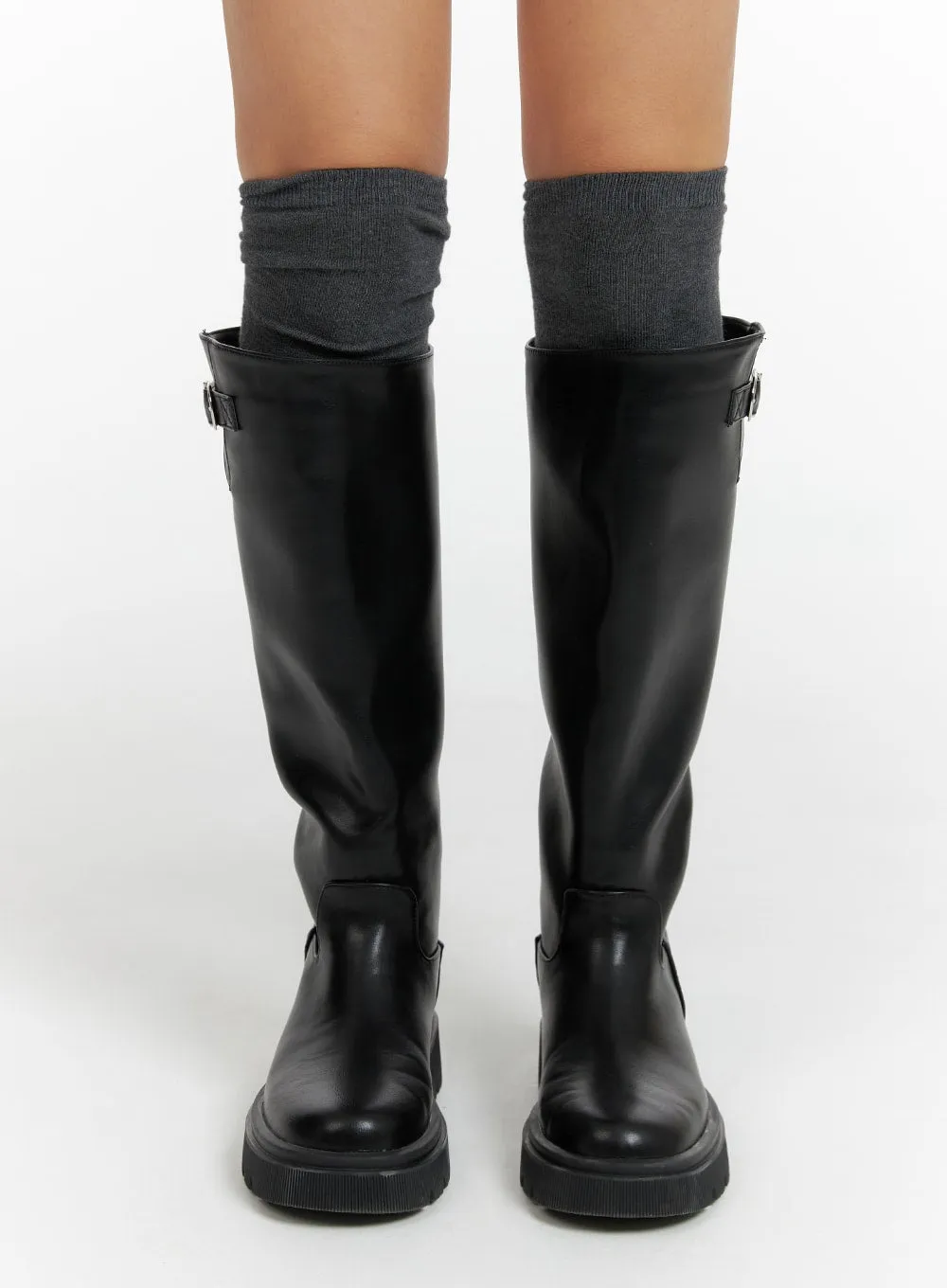 Basic Faux Leather Buckle Knee-High Boots CF416