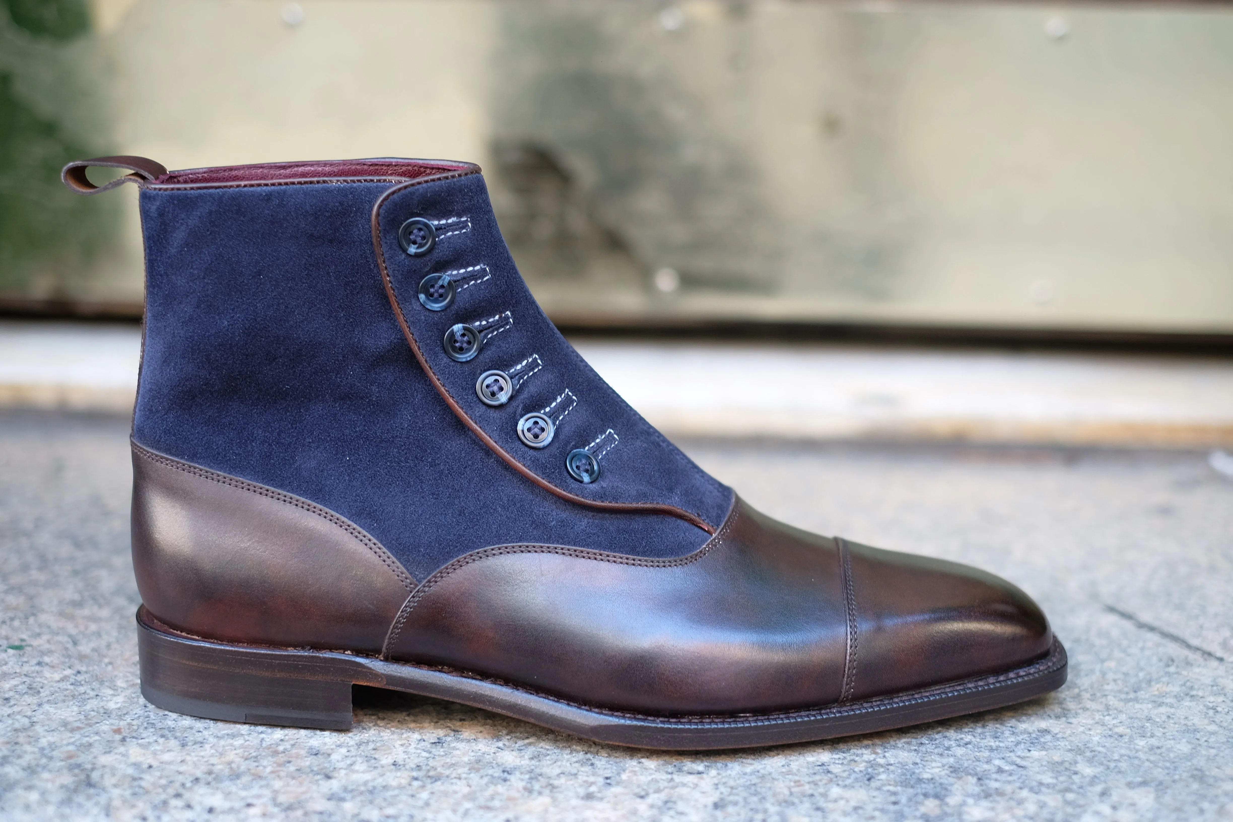 Bellevue - MTO - Dark Brown Museum Calf / Navy Suede - Sky Blue Stitching - Blue Buttons - MGF Last - Single Leather Sole