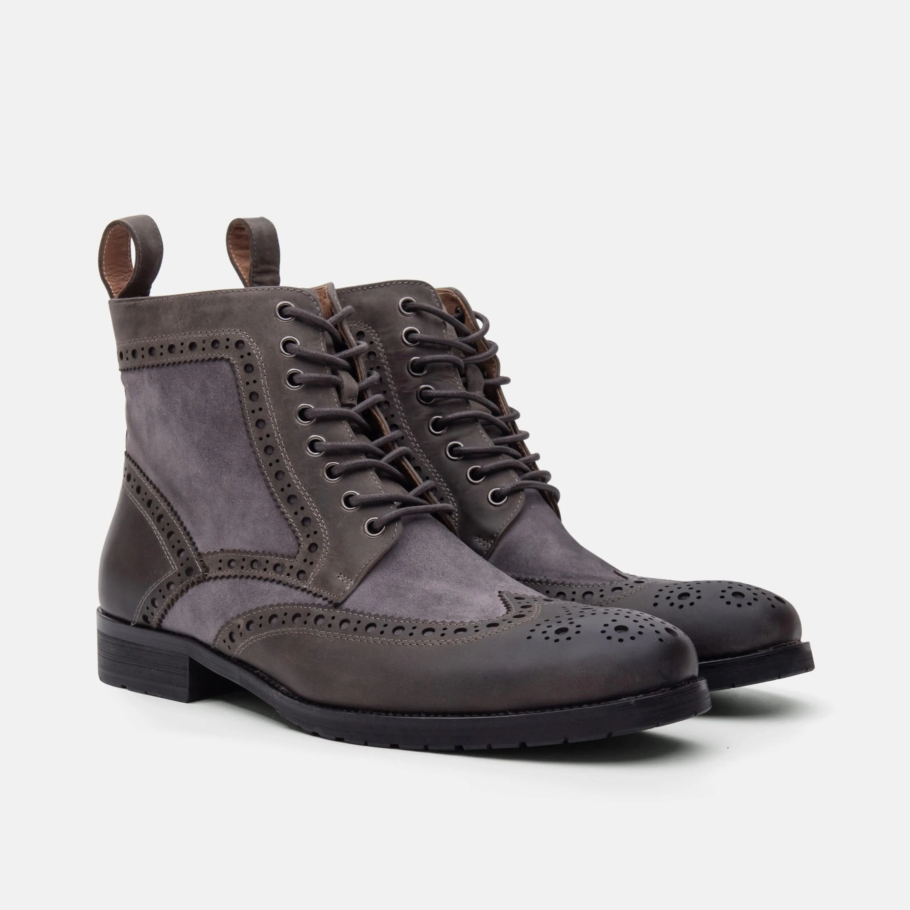 Belmont Steel Grey Leather Wingtip Combat Boots