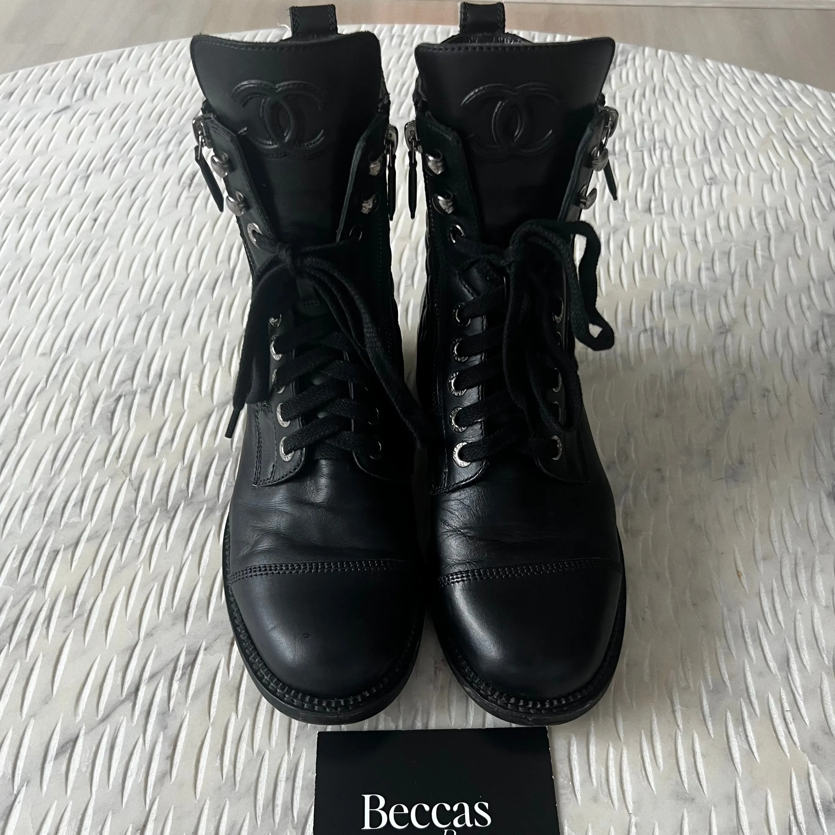 Chanel CC Quilted Lace Up Combat Boots