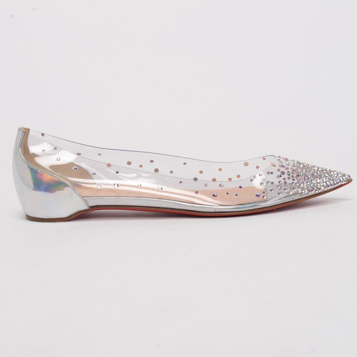 Christian Louboutin Silver Glitter Calfskin & PVC Degrastrass Flats 38.5