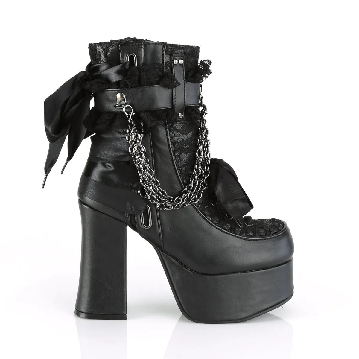 Demonia CHARADE-110 | Blk Vegan Leather & Lace Cover Ankle Boots