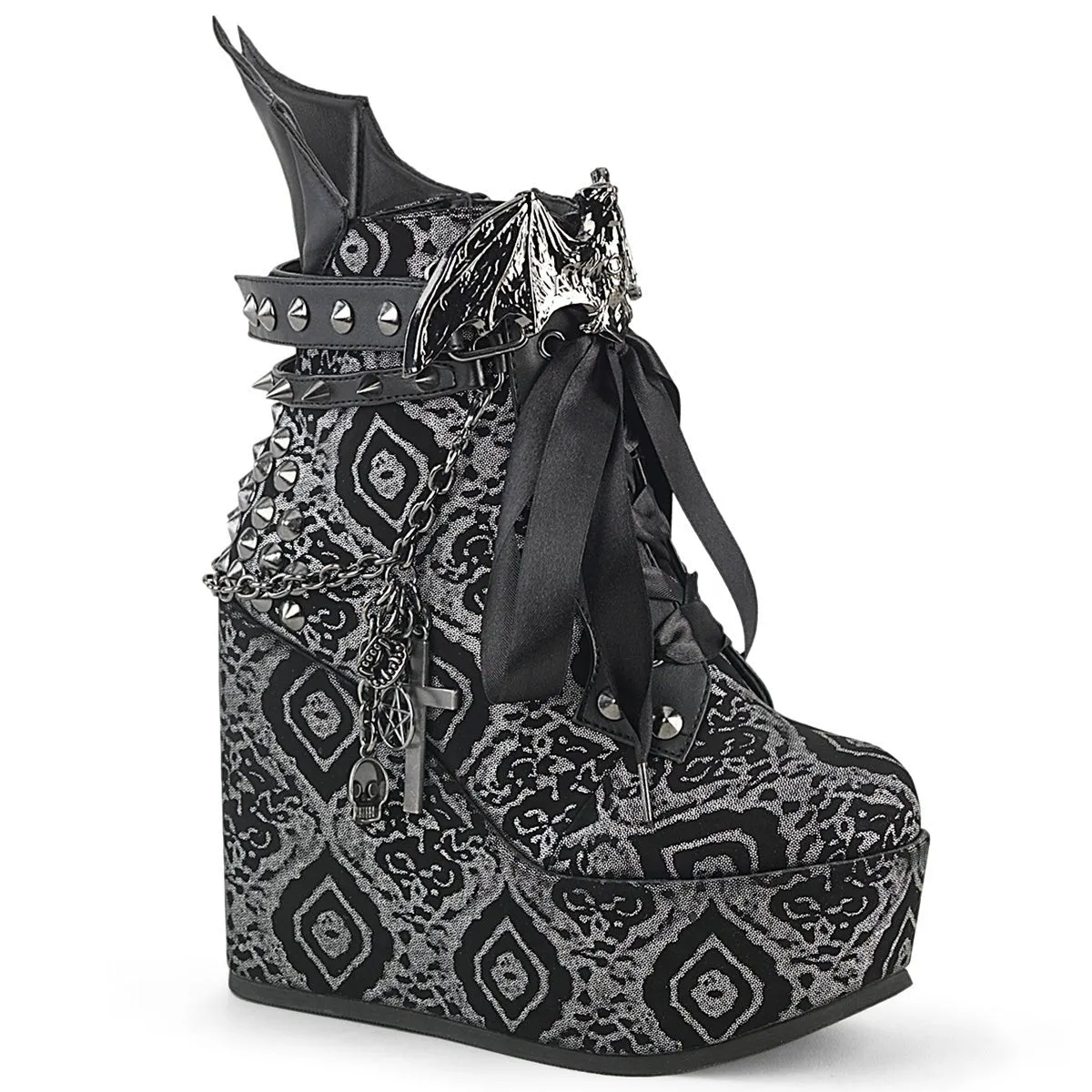 Demonia POISON-107 | Black & Silver Faux Leather Ankle Boots