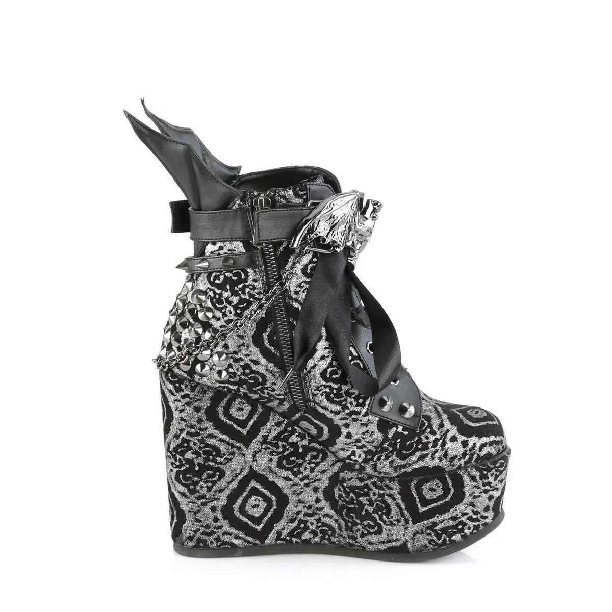 Demonia POISON-107 | Black & Silver Faux Leather Ankle Boots