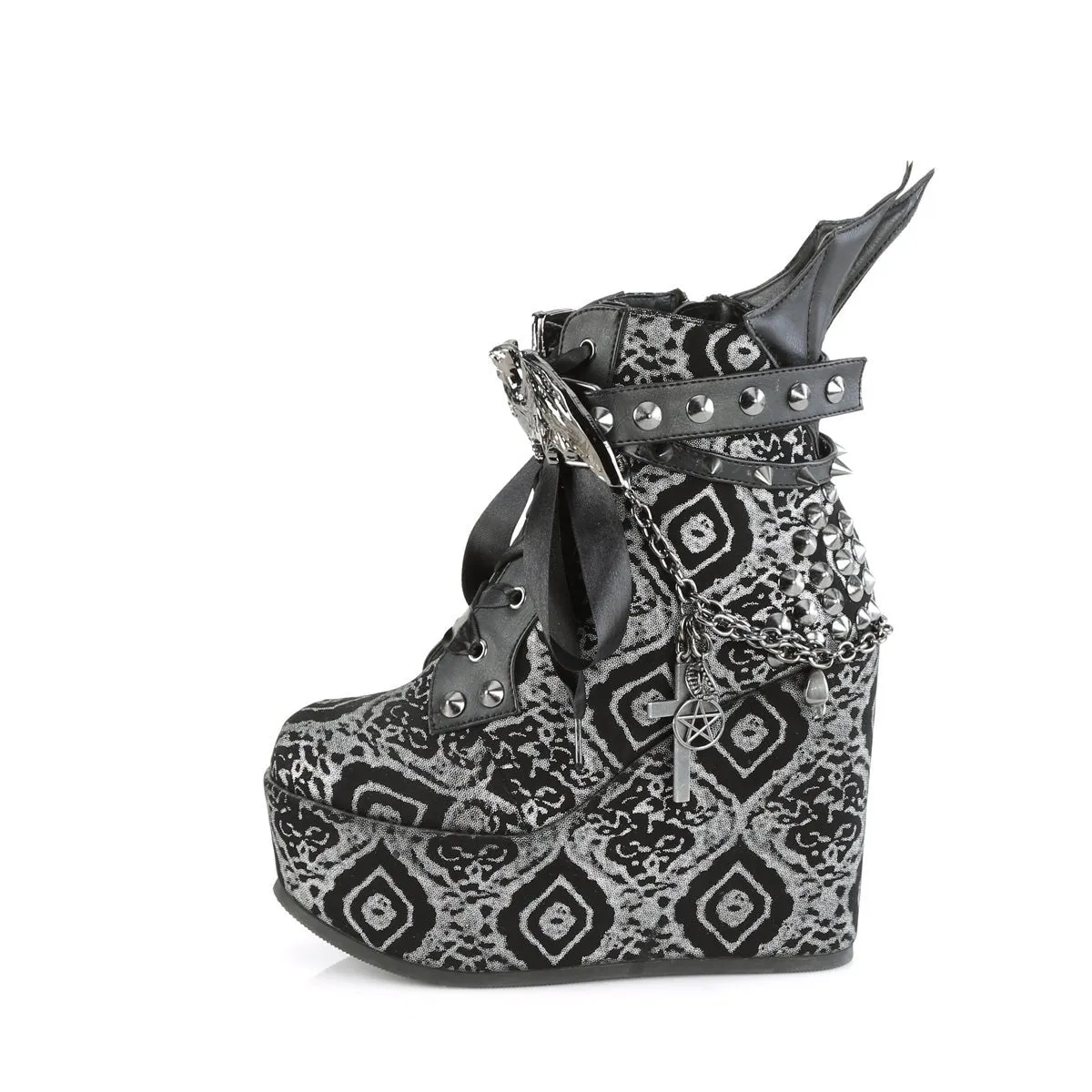 Demonia POISON-107 | Black & Silver Faux Leather Ankle Boots