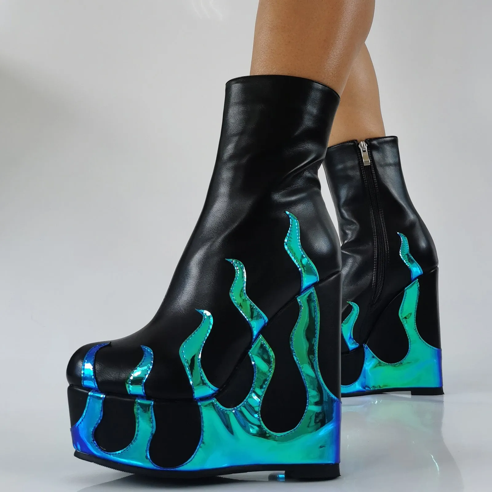 Flame Print Platform Round Toe Wedge Heel Boots