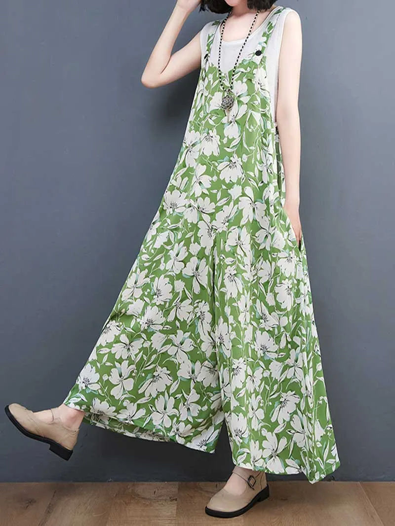 Floral Print Cotton Wide-Leg Overall Jumpsuit