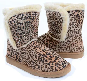 Fur Rhinestone Faux Shearling Leopard Round Toe Ankle Women's Boot