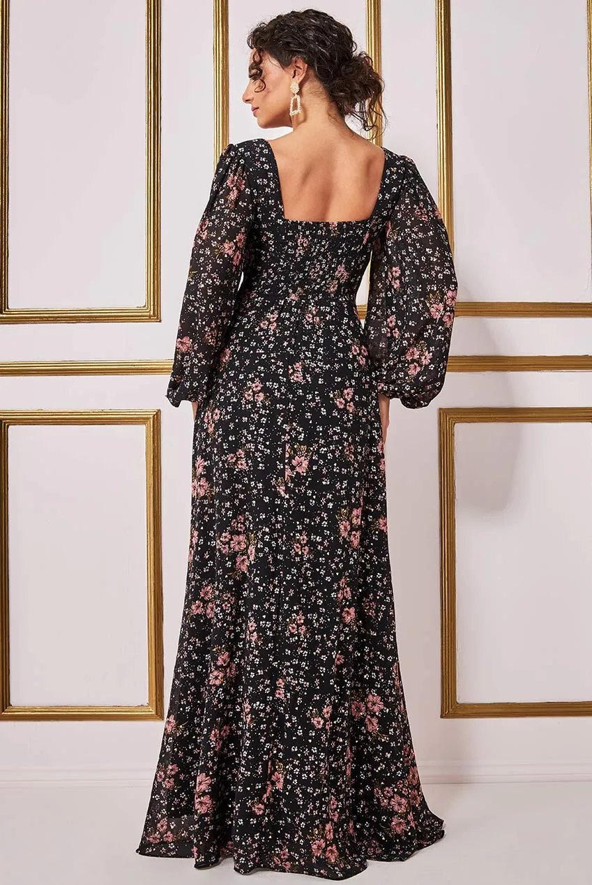 Goddiva Floral Print Shirred Back Maxi Dress