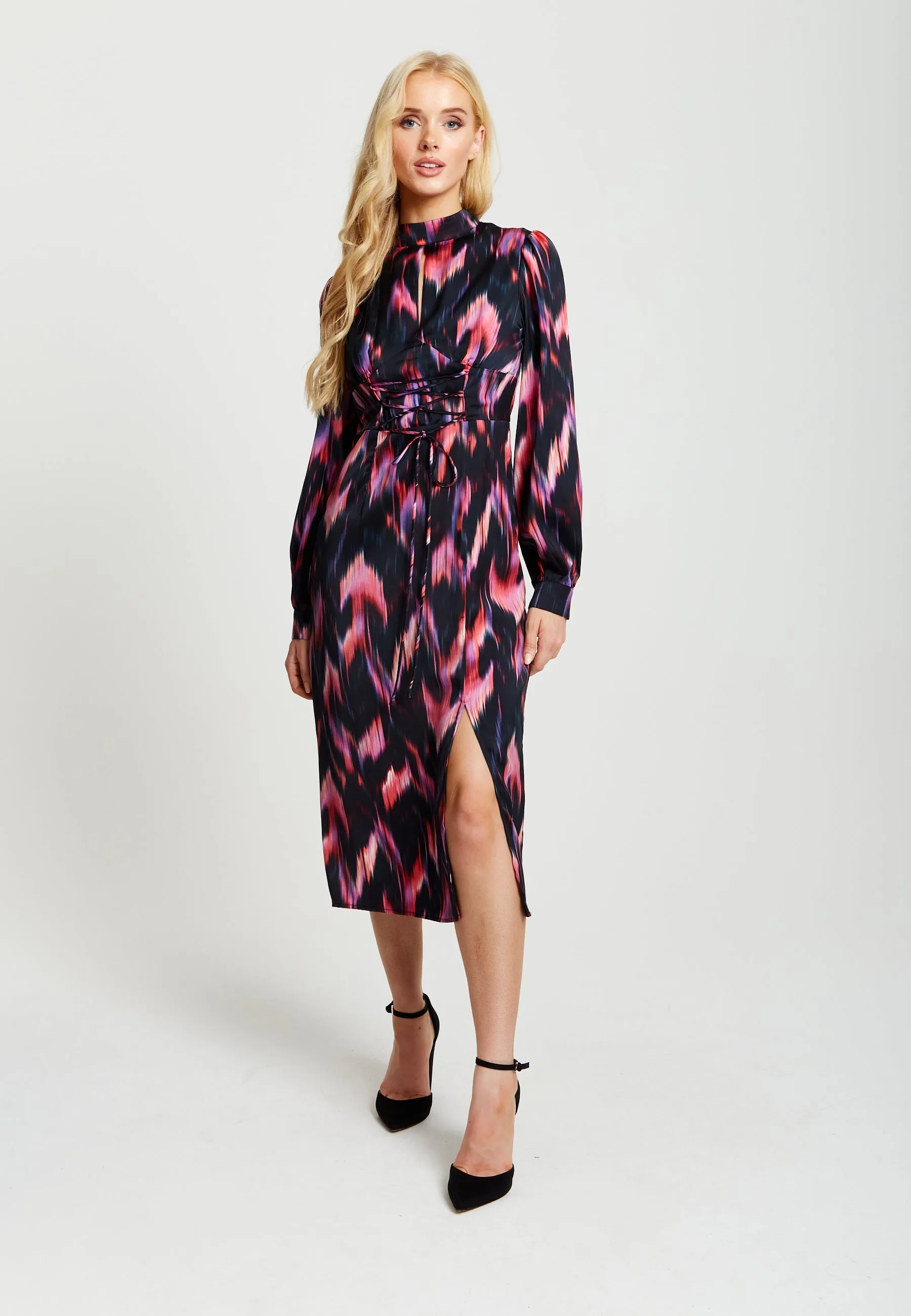 Liquorish Abstract Feather Print Midi Lace Up Dress