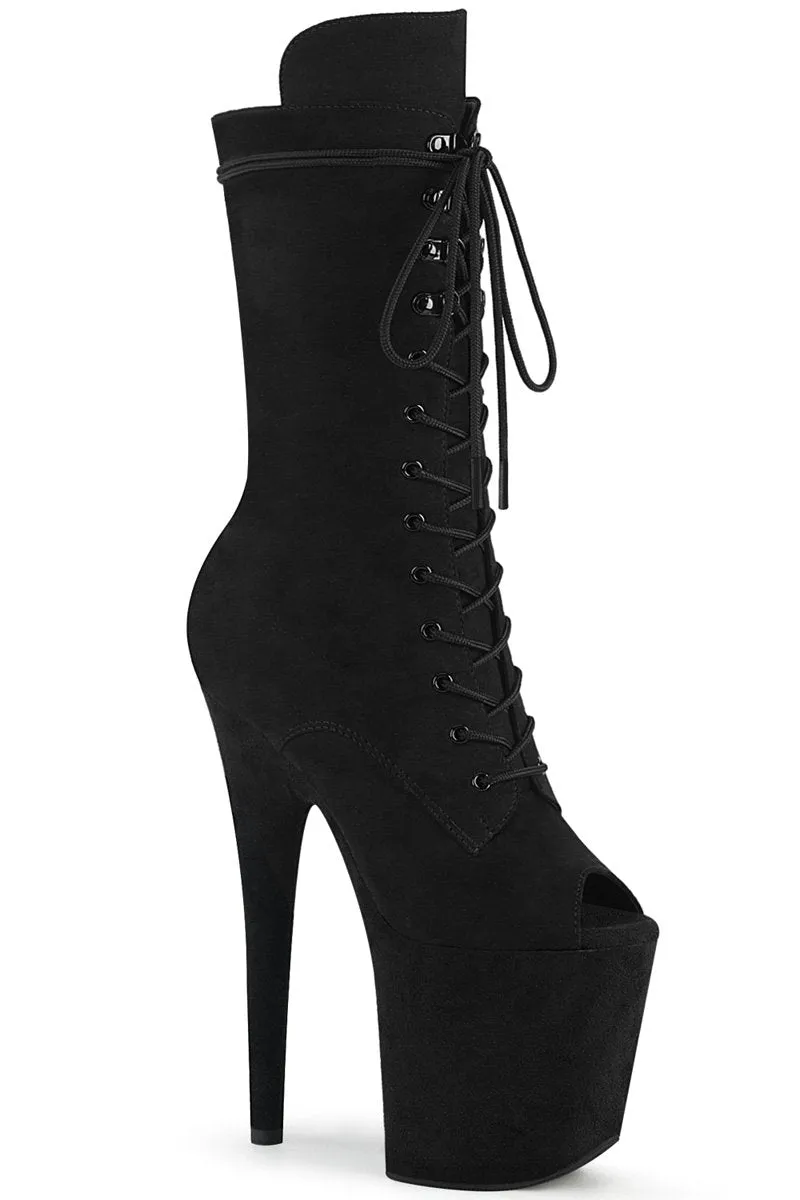 Pleaser USA Flamingo-1051FS Faux Suede 8inch Peep Toe Pleaser Boots - Black