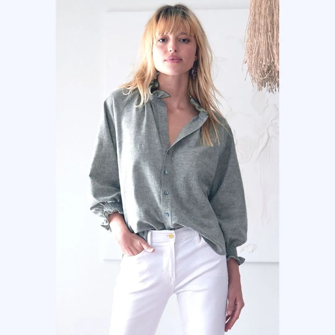 Sage Green Ruffle Neck Shirt