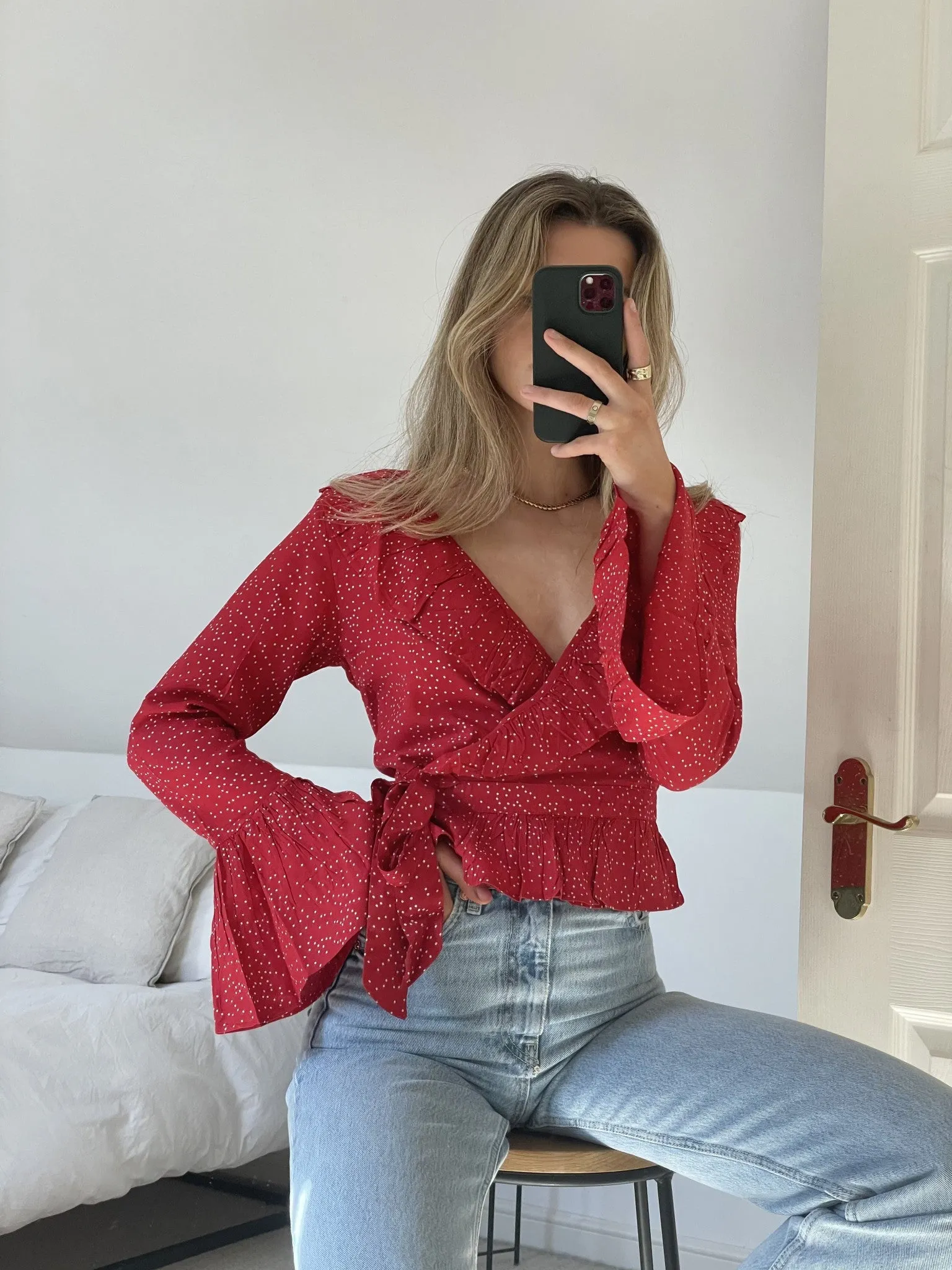 Slaytwins Cassie Polka Dot Wrap Blouse- Red