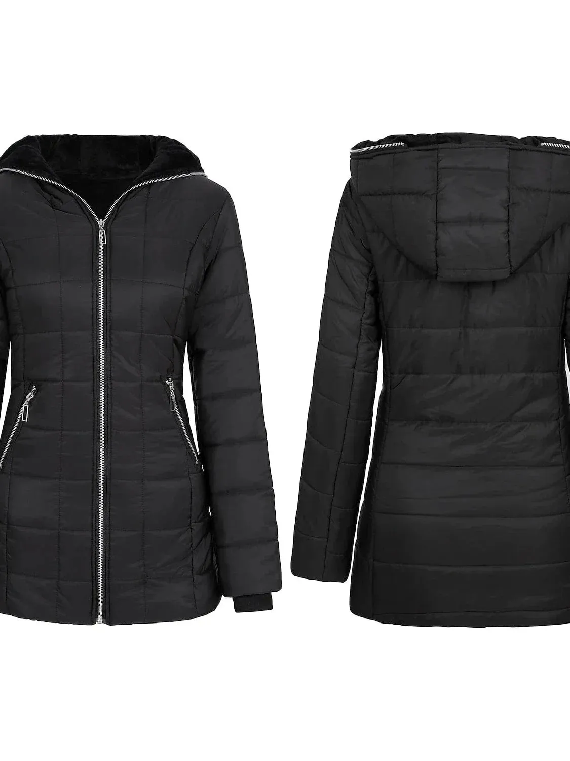 Women's Long Puffer Jacket with Full Zip and Hood in Multiple Colors