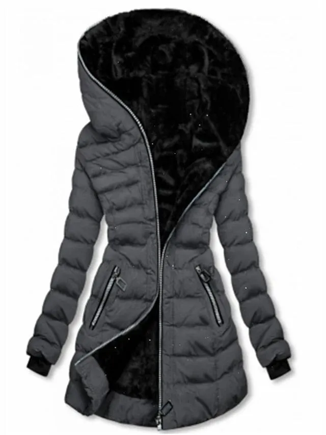 Women's Long Puffer Jacket with Full Zip and Hood in Multiple Colors