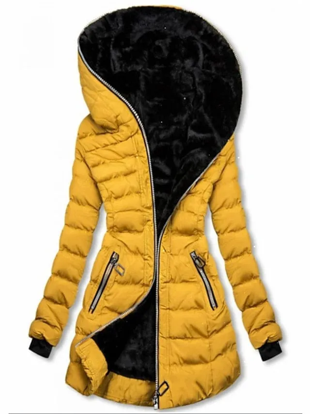 Women's Long Puffer Jacket with Full Zip and Hood in Multiple Colors