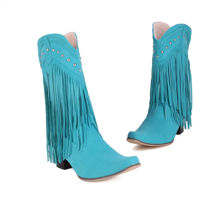 Women's Pointed Toe Rivets Tassel Block Heel Cowboy Mid-Calf Boots