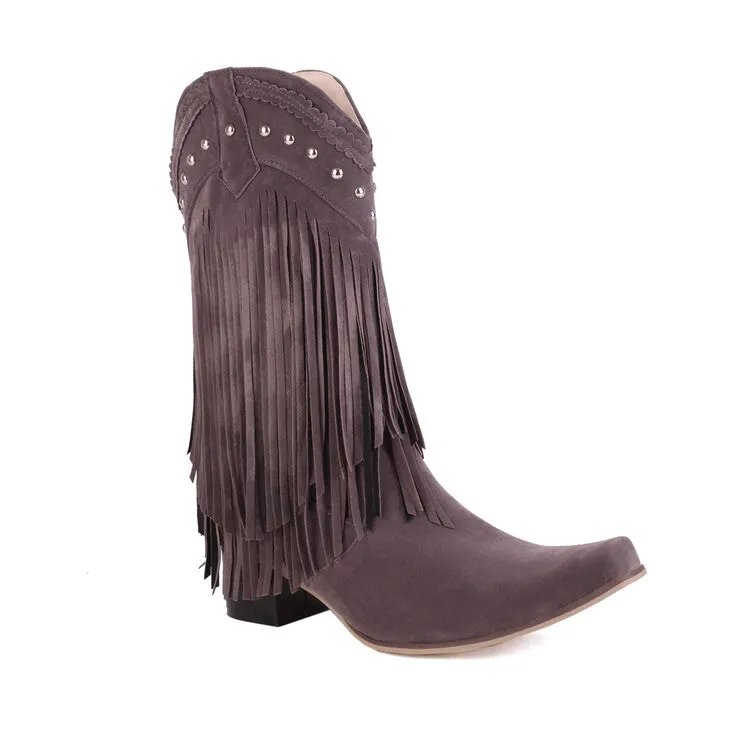 Women's Pointed Toe Rivets Tassel Block Heel Cowboy Mid-Calf Boots